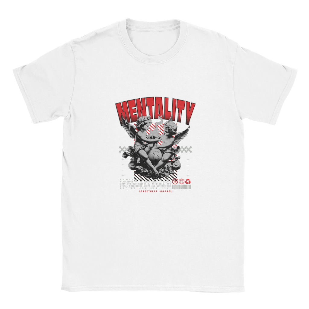 Mentality printed on a white Gildan 64000 unisex T-shirt