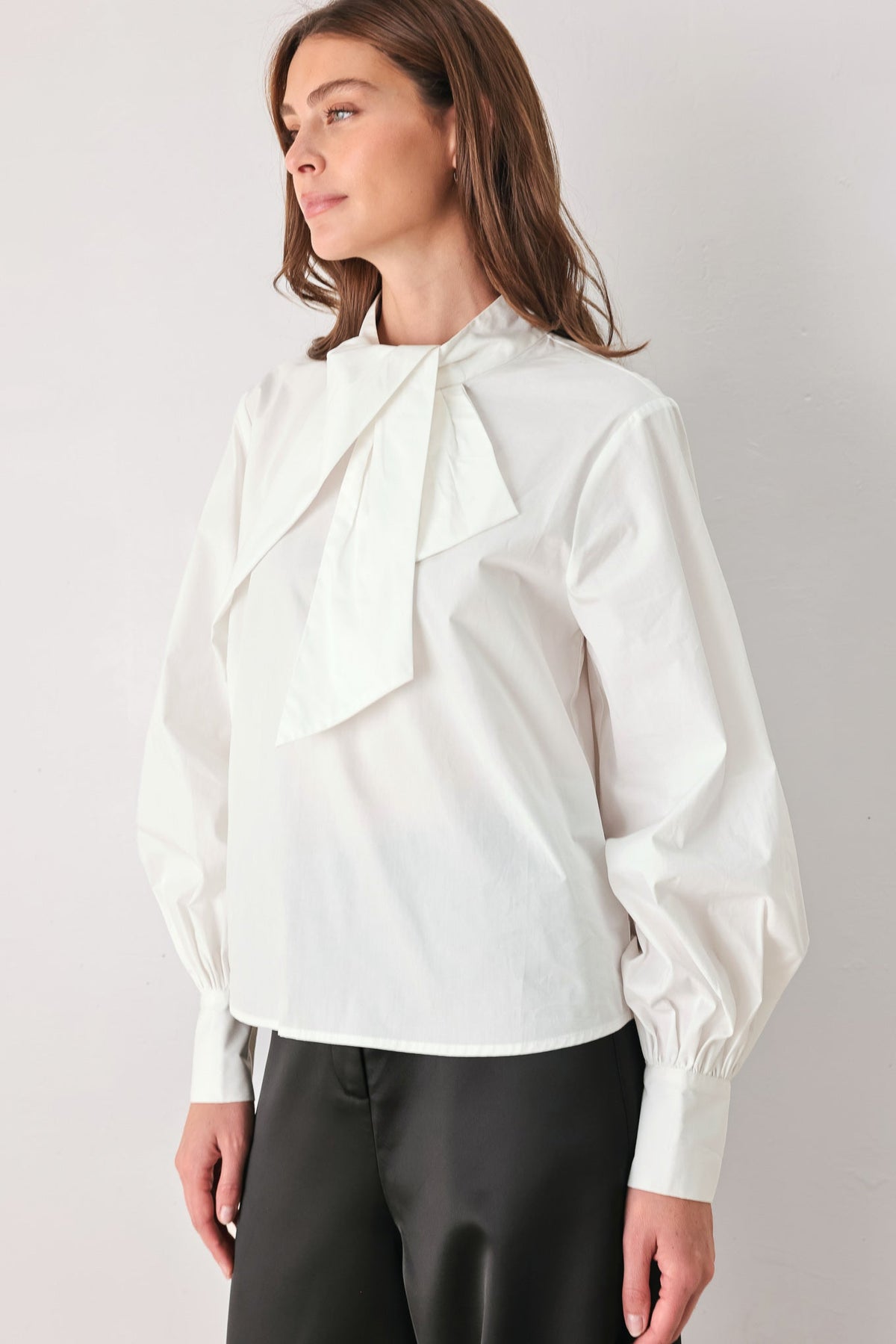 IVORY IMPACT OFF WHITE ASYMMETRICAL TIE-NECK PUFF-SLEEVE TOP