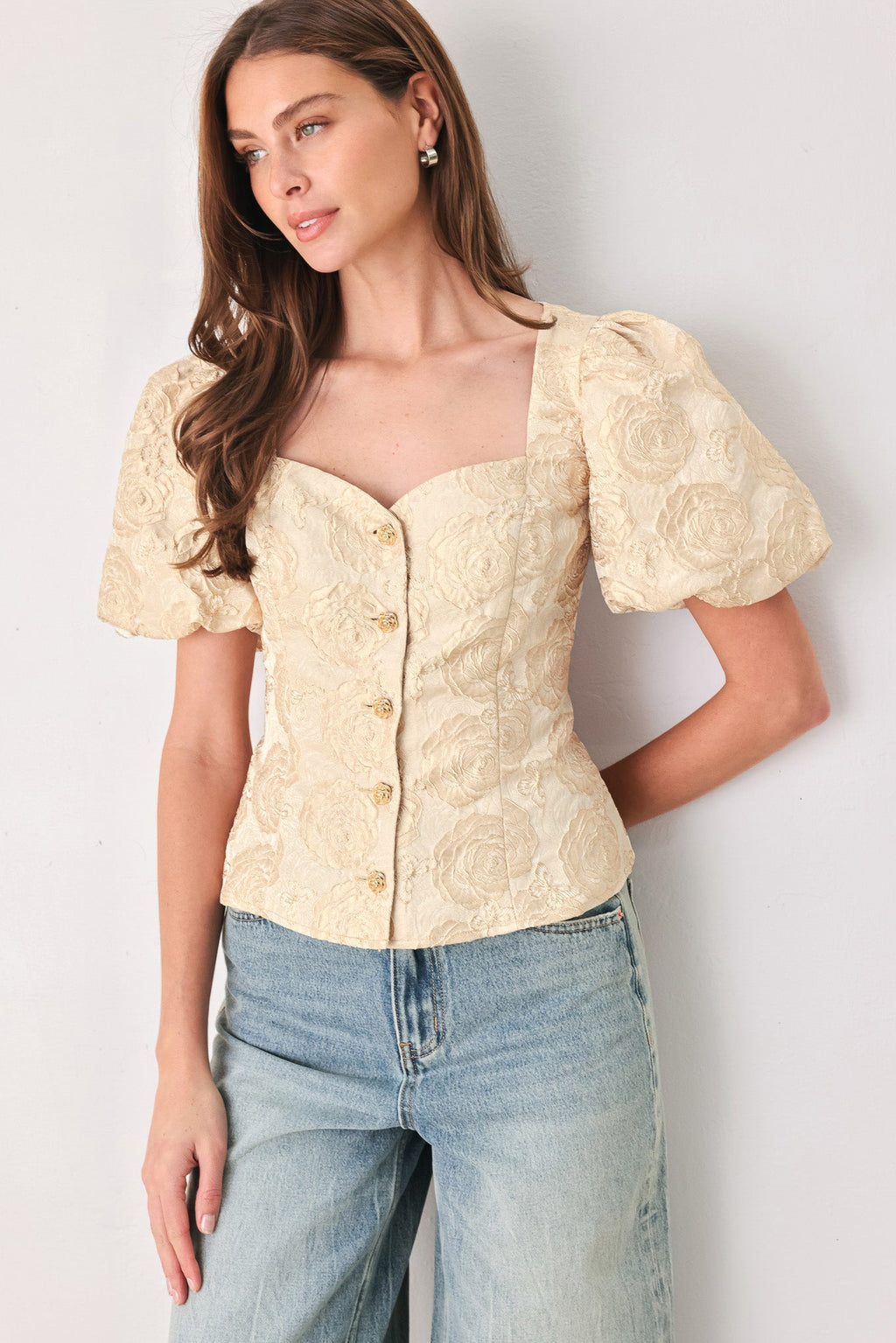 GOLDEN PORTRAIT GOLD TEXTURED PUFF-SLEEVE PEPLUM TOP