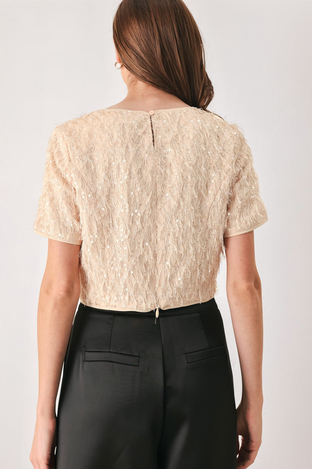 CHAMPAGNE WHISPER SEQUIN EYELASH MESH CROPPED TOP