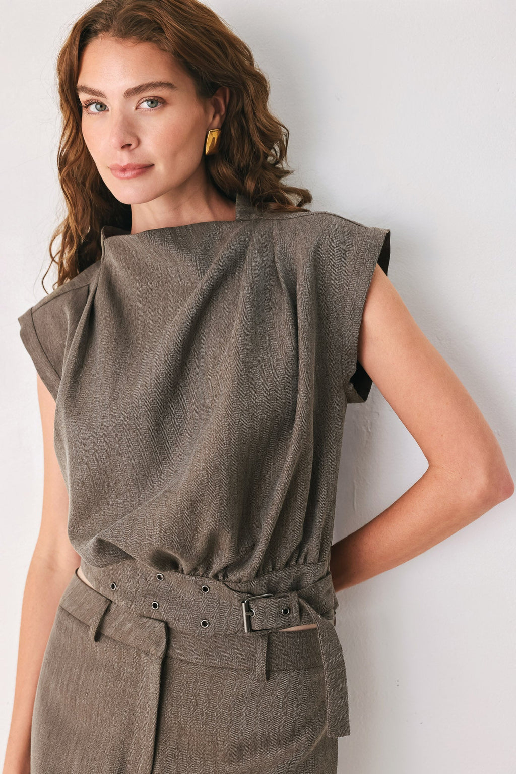 TAILORED TEMPO BROWN FUNNEL-NECK BELTED TOP