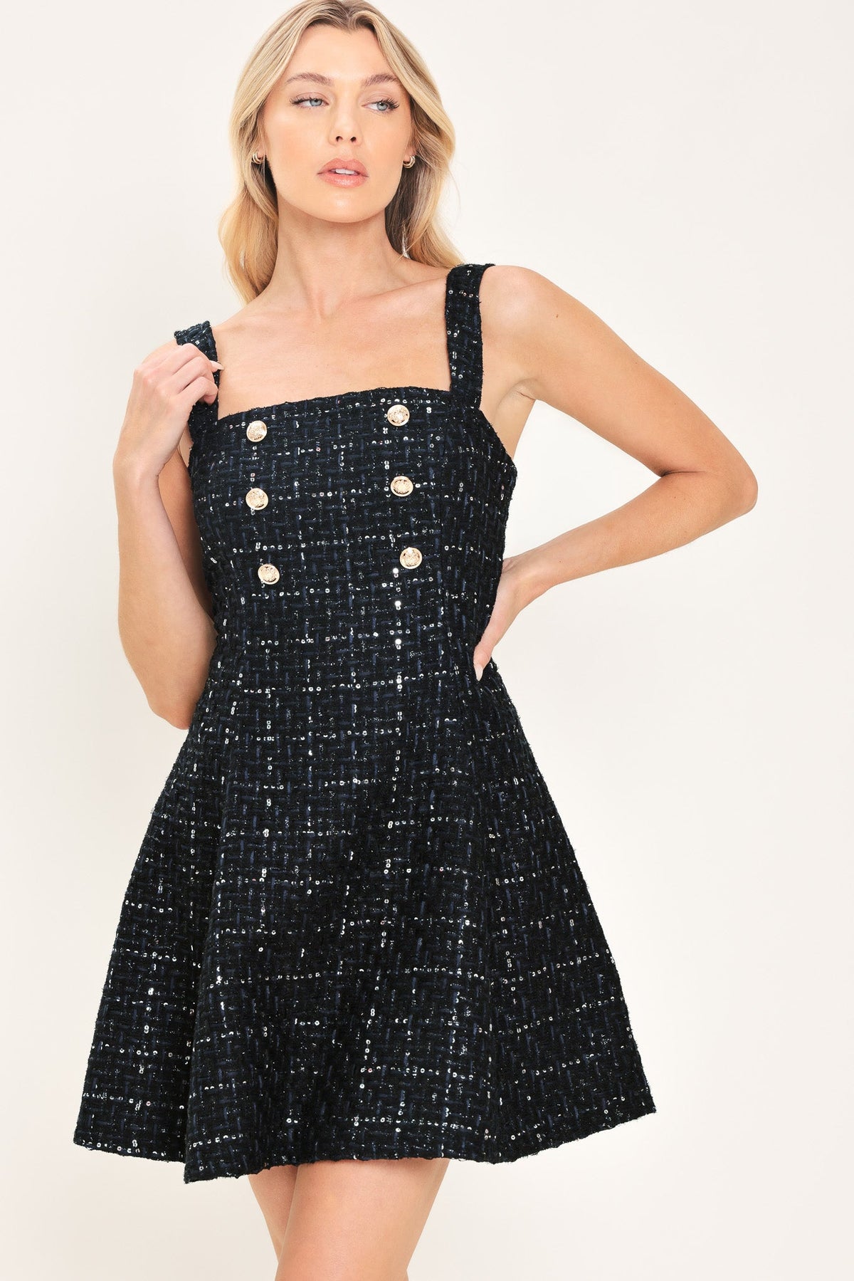 NAVY SPARK NAVY SEQUIN TWEED BUTTON-DETAIL MINI DRESS