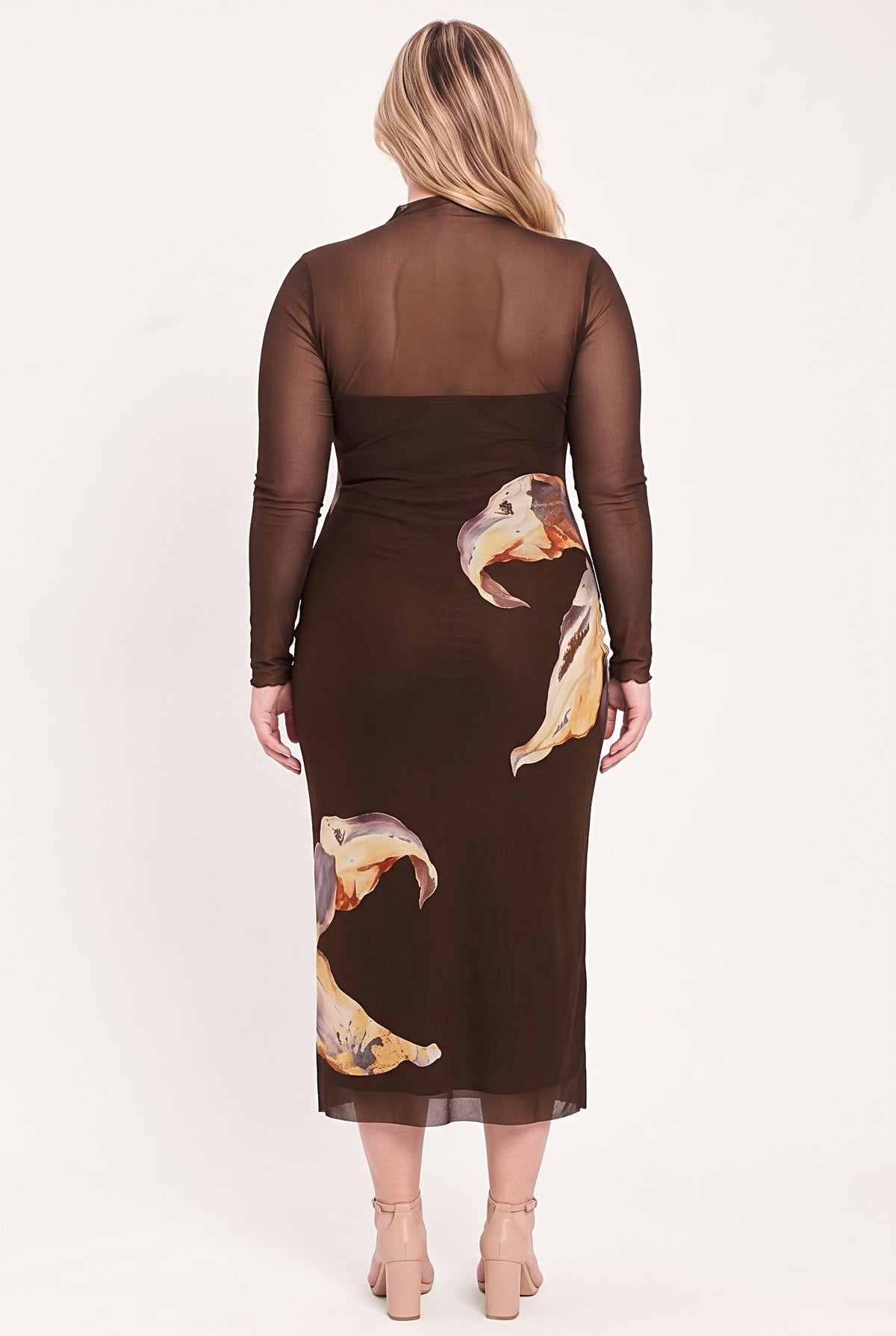MOCHA MYSTIQUE DARK BROWN PRINTED MESH MIDI DRESS
