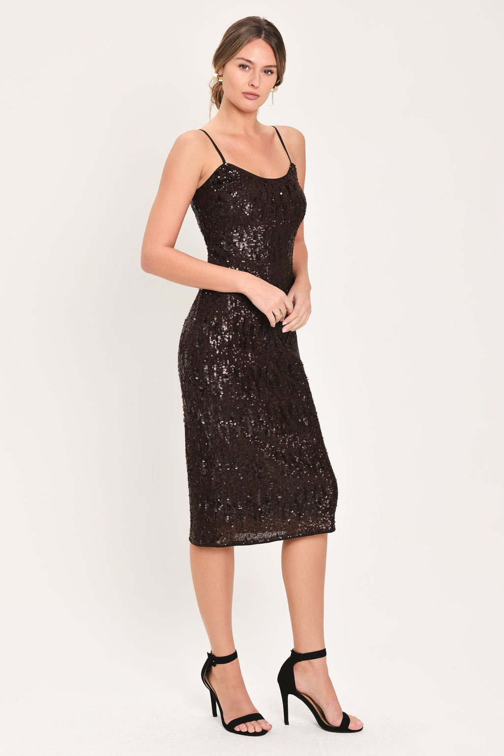 BRONZE AFTERGLOW BROWN SEQUIN SLIP MIDI DRESS