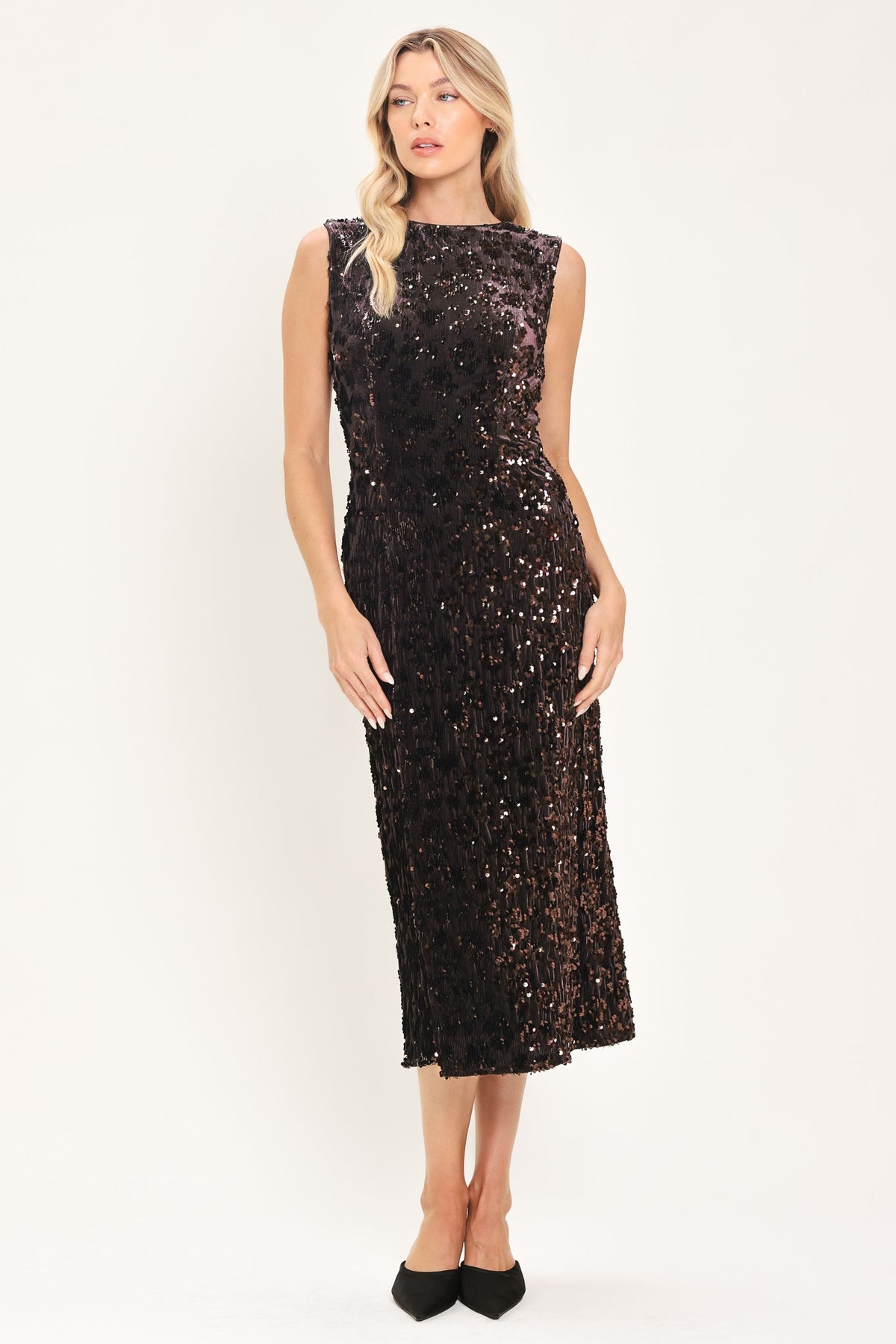 MOCHA SPARK DARK BROWN SEQUIN KNIT MIDI DRESS