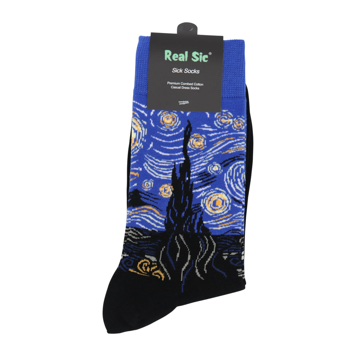 Starry Night crew socks with a Real Sic retail tag, showing the blue sky and dark cypress pattern.