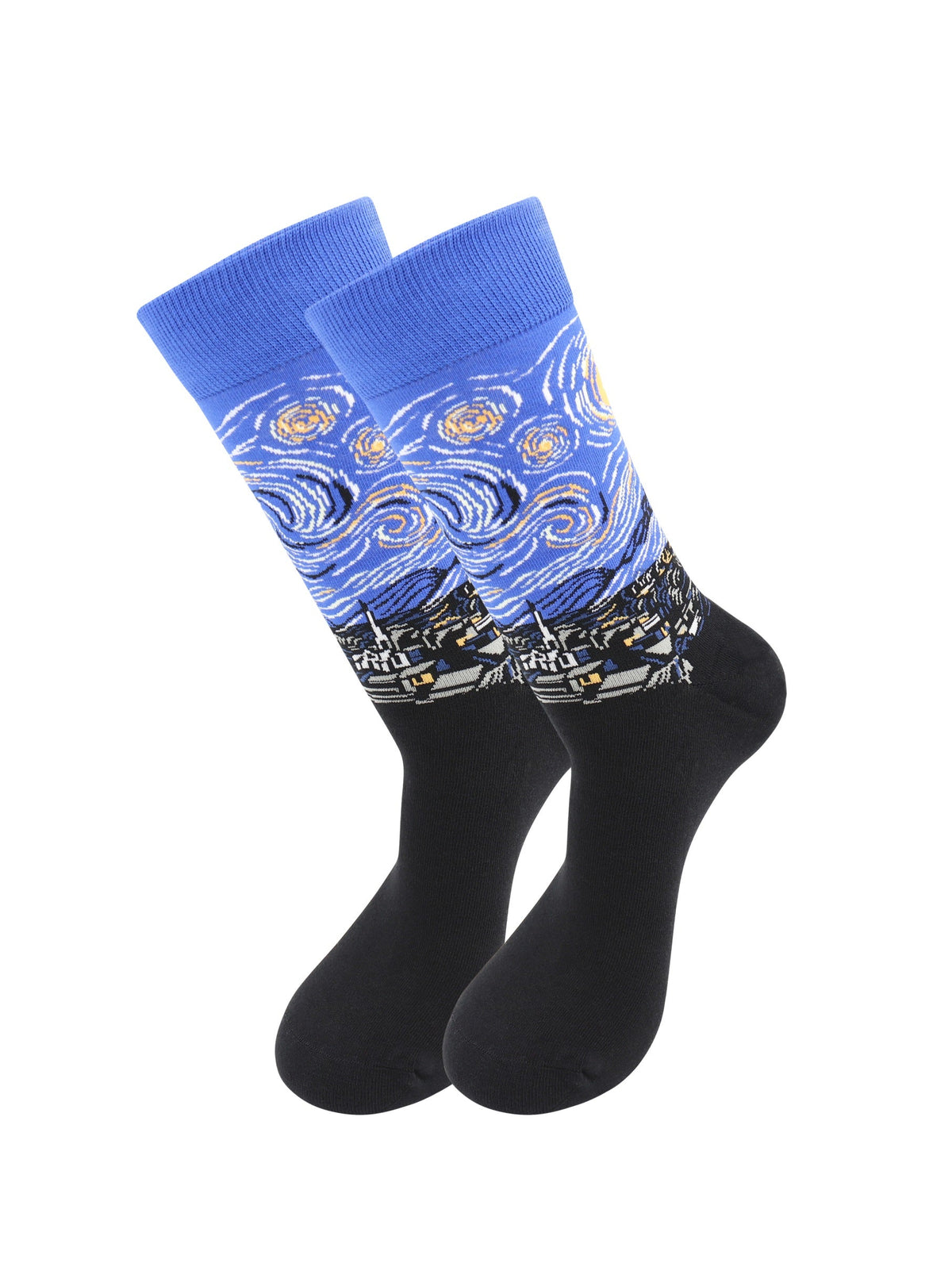 Blue and black Starry Night crew socks with swirling yellow stars and a village pattern, shown as a pair.