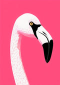 White crane illustration on a vivid pink field
