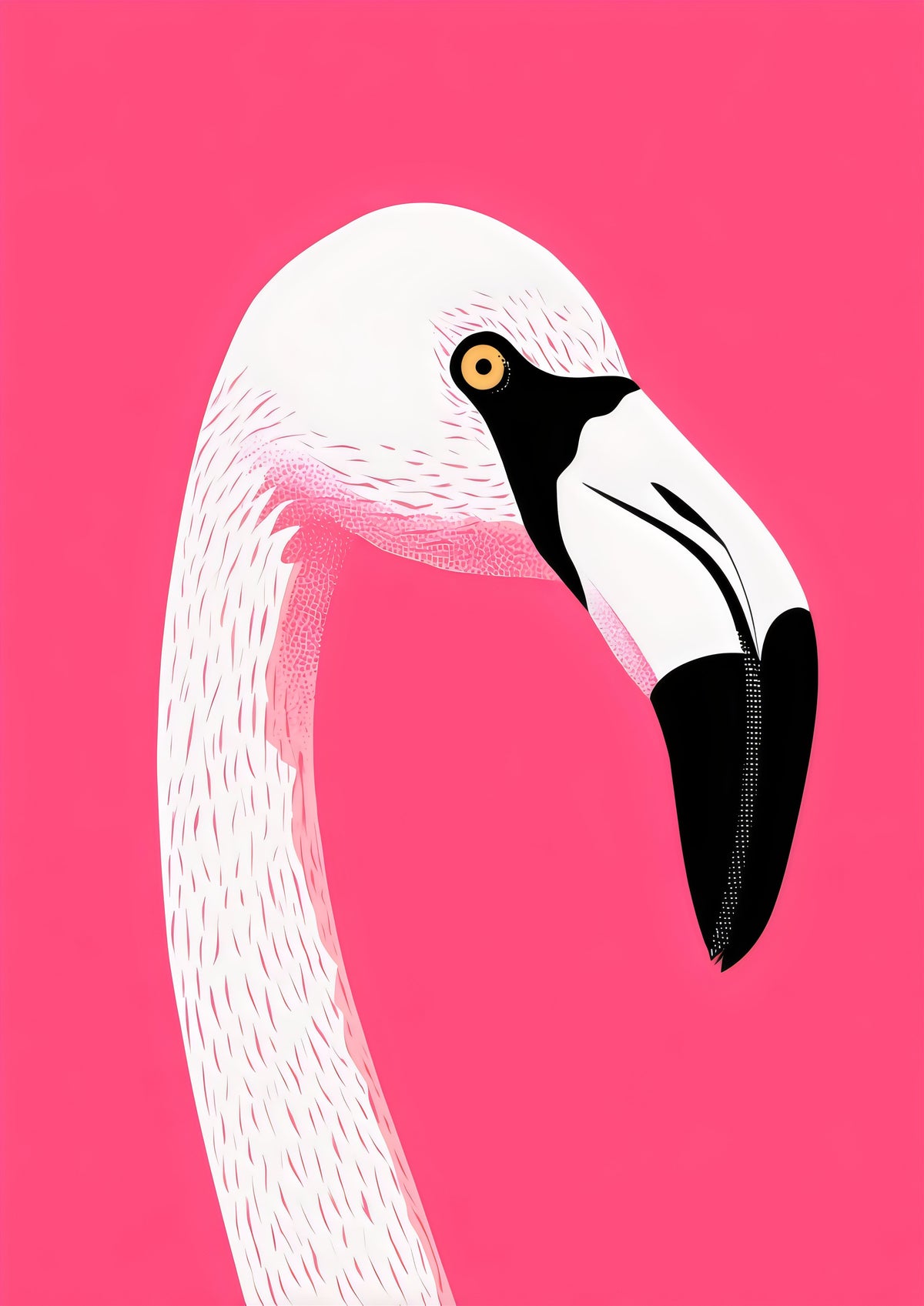 White crane illustration on a vivid pink field