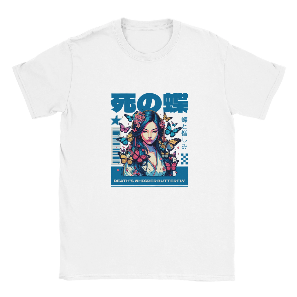 DEATH'S WHISPER BUTTERFLY printed on a white Gildan 64000 unisex T-shirt
