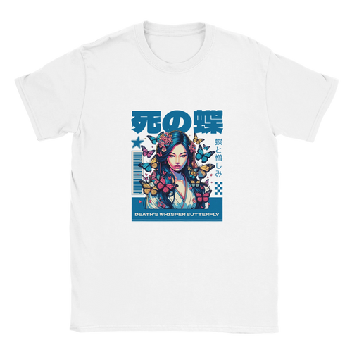 DEATH'S WHISPER BUTTERFLY printed on a white Gildan 64000 unisex T-shirt